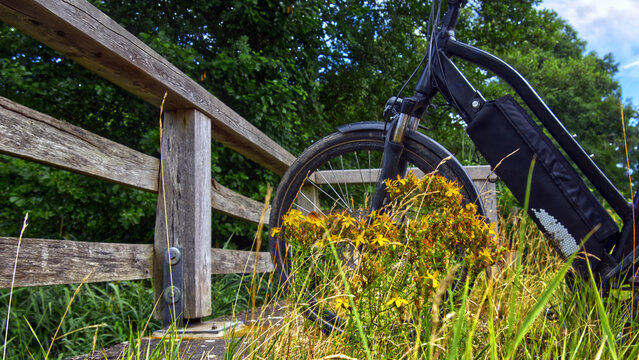 Electric bicycle parked by a wooden fence next to wildflowers, enjoying a sustainable tour in german nature