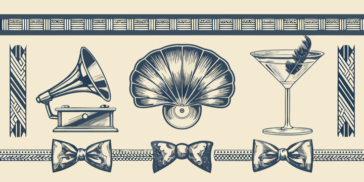 Art Deco Pattern With Gramophone Fan Cocktail And Bow Ties