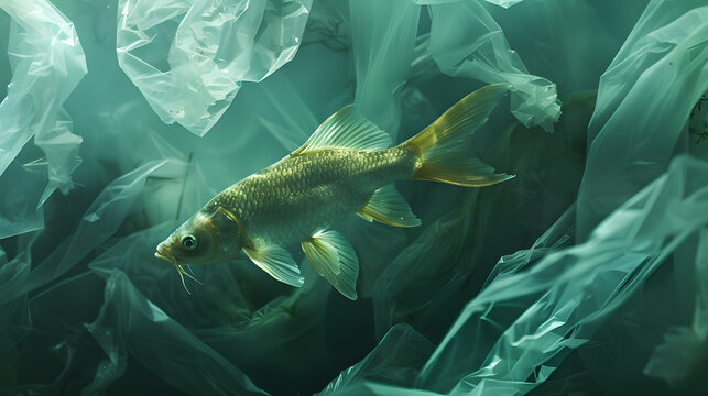 Environmental impact, Fish swimming through plastic waste ocean pollution concept highlighting environmental impact and conservation