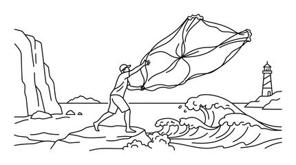 Fototapeta premium Person holding kite or sail on windy shore.