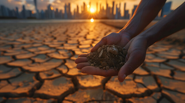 Environmental impact, Hands holding cracked dry soil with city skyline showing climate impact and environmental challenges