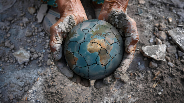 Environmental impact, Hands holding cracked Earth symbolizing environmental impact climate change and global sustainability issues