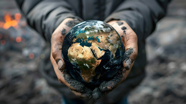 Environmental impact, Hands holding oil-covered globe with smog representing environmental impact pollution and climate concerns