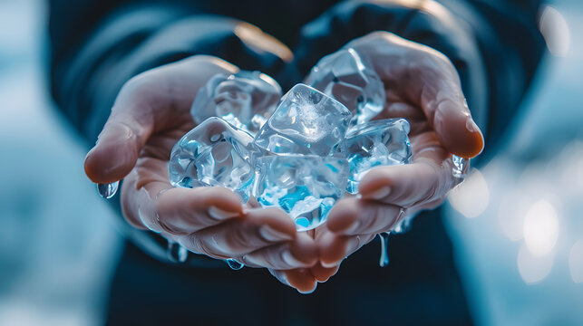 Environmental impact, Hands holding melting ice cubes symbolizing global warming climate change and environmental impact awareness
