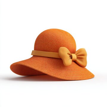 Vintage orange straw sun hat with bow, wide brim summer beach accessory, isolated fashion headwear on white