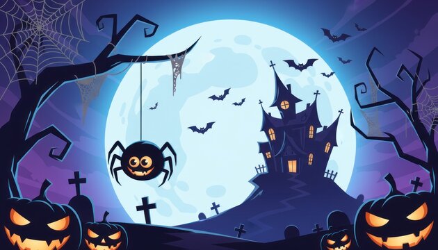 Spooky Halloween haunted house illustration, glowing jack o lantern pumpkins, full moon night cartoon background for poster