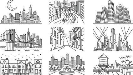 Obraz premium City Skyline and Urban Landscape Vector Line Icon Set with Skyscrapers, Suspension Bridge, Rooftop Water Tower, and Townhouse Streets for Architecture Designs