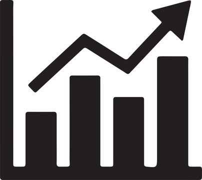 A black and white vector icon showing a bar chart with an upward trending arrow representing financial growth and success