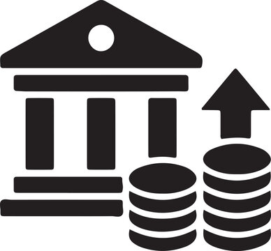 Bank building vector icon with coin stacks and upward arrow representing interest rate growth, financial investment increase, and banking development concept.