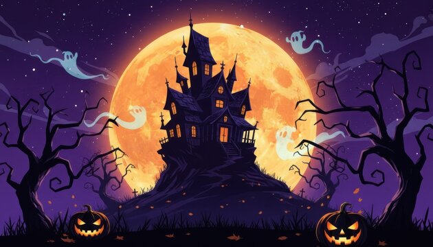 Spooky haunted house illustration, full moon Halloween night landscape, creepy silhouette castle with pumpkins for poster design