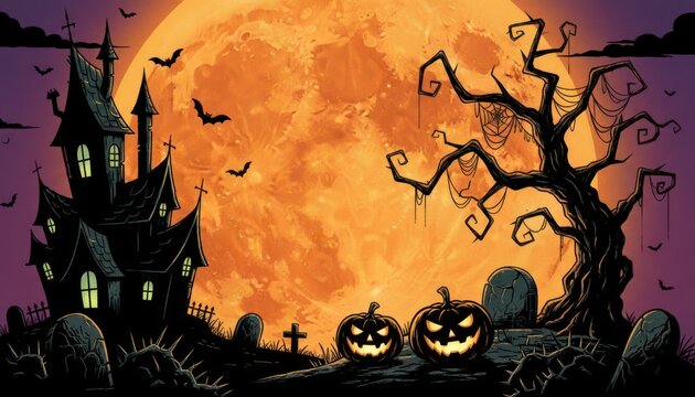 Spooky Halloween illustration, haunted house silhouette and jack o lantern pumpkins, orange moon night background for poster
