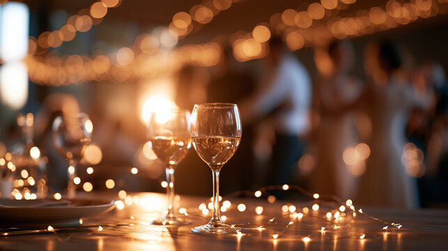 Elegant wedding reception with champagne glasses and delicate string lights and dancing guests photographed as defocused figures in a bright decorated venue faceless blurred