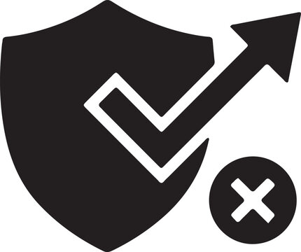 A black shield icon featuring a check mark and an upward arrow alongside a small circle with a cross symbol