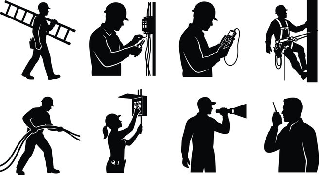 Collection of professional electrician and utility worker silhouettes performing electrical maintenance, wiring, and repairs isolated on white background.