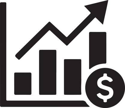 A black and white icon showing a business bar chart with an upward trend arrow and a dollar currency symbol