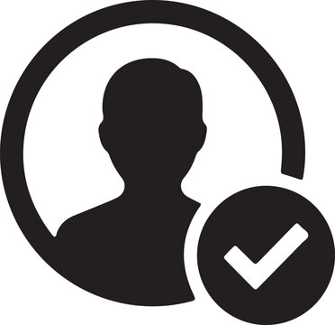 Black user profile avatar icon with a checkmark badge symbol representing verified account, identity confirmation, and user authorization on white background.