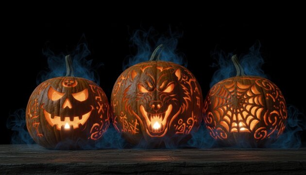 Spooky Halloween pumpkin illustration, glowing carved jack o lanterns with smoke on dark background. Autumn holiday d&eacute;cor