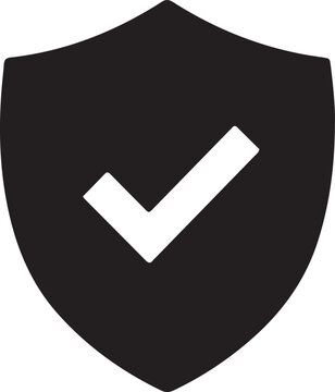 Black shield icon with a checkmark symbol representing verified security protection, safety guarantee, and cyber defense system isolated on white background.