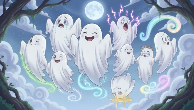 Cute ghost illustration in moonlit spooky forest, whimsical Halloween cartoon characters, blue purple misty night scene