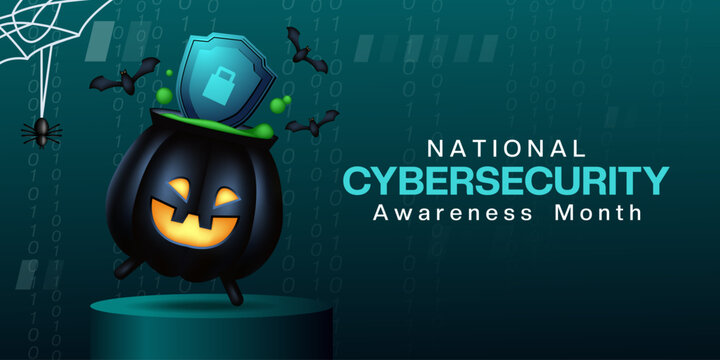 October Is National Cyber Security Awareness Month. Great for cards, banners, posters, social media and more. Dark green background.  