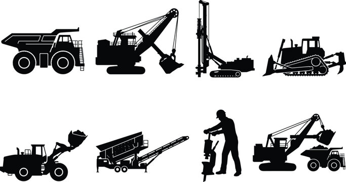 Silhouette collection of heavy construction machinery, mining equipment, excavators, bulldozers, dump trucks, and industrial worker isolated on white.
