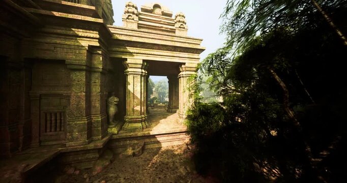 Overgrown temple pathway framed by tree weathered stone colonnade leading into shaded corridor, dappled sunlight through canopy, intricate bas relief details,