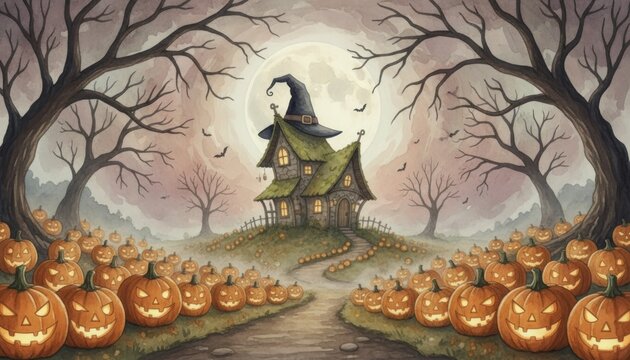 Spooky Halloween illustration, haunted house and glowing jack-o-lantern pumpkins, autumn night landscape background