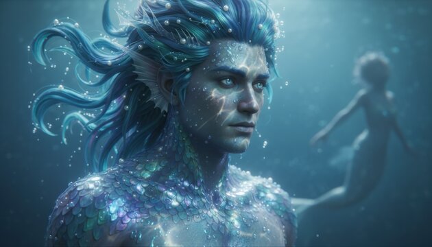 Close up portrait of merman with blue glowing scale like skin and flowing teal hair underwater with bubbles and another mermaid swimming in background fantasy creature