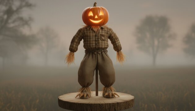 Spooky scarecrow with jack-o-lantern head on wooden stump, misty autumn field background, Halloween pumpkin character