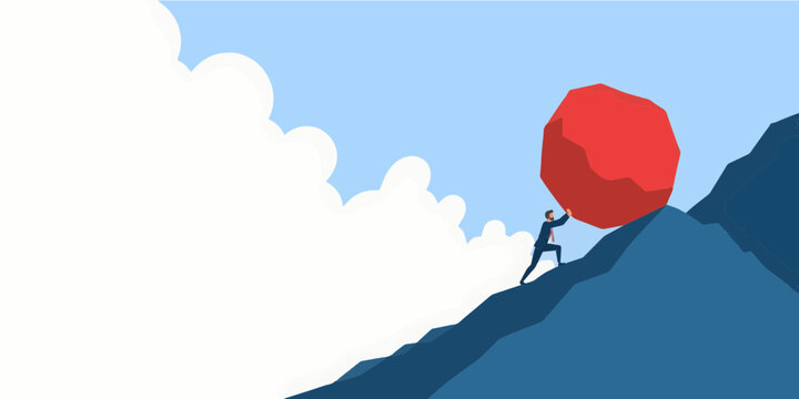 Businessman Pushing a Red Boulder Uphill &ndash; Minimalist Illustration of Business Challenges, Leadership and Perseverance