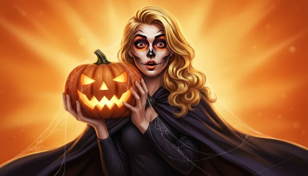 Fantasy Halloween witch illustration, glowing carved pumpkin lantern portrait, dramatic orange light digital art for posters