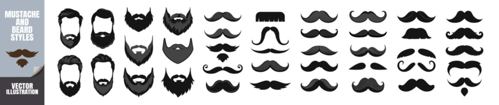 Mustache and beard silhouette icon set on transparent background