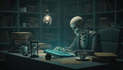 Fototapeta premium Skeleton in a suit typing on a glowing keyboard at a dusty, dark desk surrounded by stacks of old books in a web covered room