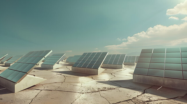 Environmental impact, Solar farm on barren landscape symbolizing renewable energy potential and environmental transformation
