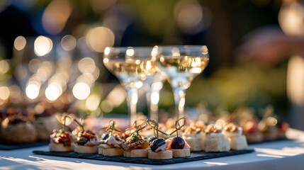 Obraz premium Wedding reception drinks and canapes arranged on a bright clean table elegant festive styling wedding drinks canapes reception table celebration catering sparkling glasses