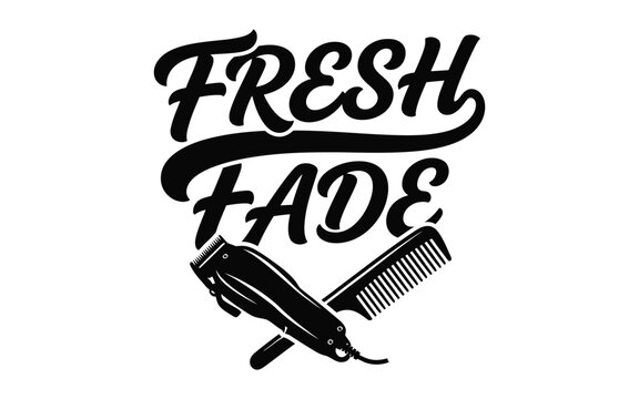 Fresh fade typography design with hair clipper and barber comb equipment for modern barbershop logo branding