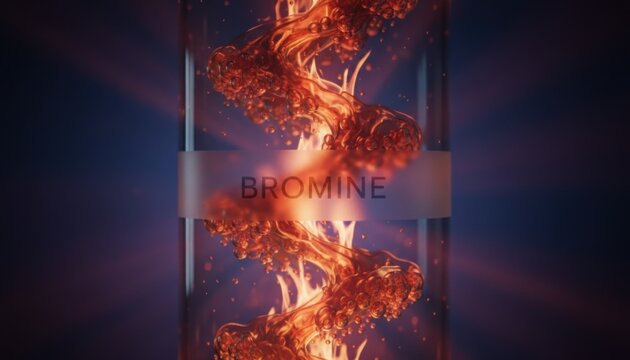 Glass tube labeled Bromine containing glowing orange liquid swirl and bubbles representing chemical element properties