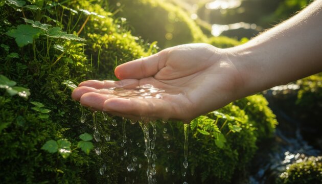 Human hand catching fresh clear water from mountain stream in forest with green moss and natural sunlight bokeh effects