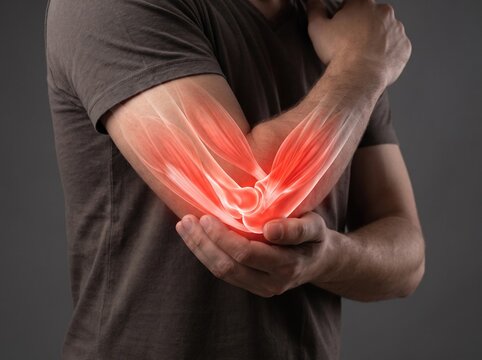 Close-up of a mans elbow showing inflammation and pain highlighted in red.