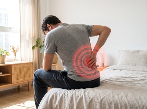 Man sitting on bed experiencing lower back pain with glowing red pain indicator.