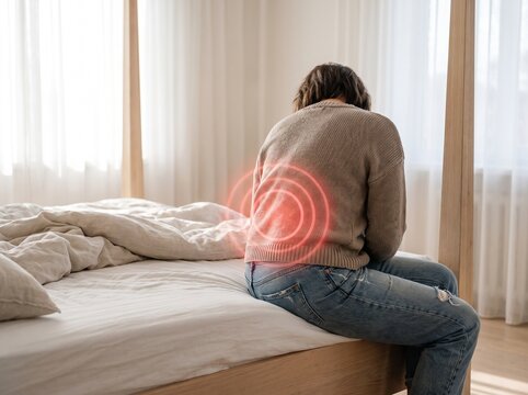 Woman sitting on bed experiencing lower back pain with glowing red circles indicating discomfort.