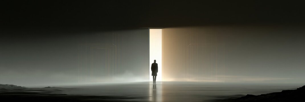 Person walking towards luminous portal, finding freedom and escape from dark, unknown environment