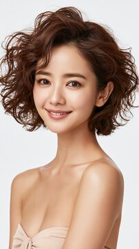 Asian woman with curly hair, soft lighting, and natural expression, highlighting skin glow and hair texture in a clean white background.