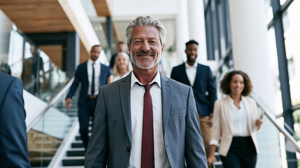 Fototapeta premium Confident mature businessman leading diverse professional team walking up stairs in a modern corporate office building