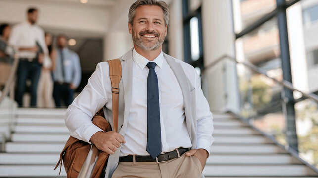 Professional businessman walking up office stairs, carrying a work bag and looking confident for career success
