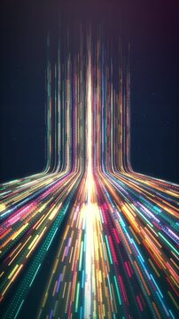 Vivid neon light streams cascade upward through a futuristic vertical tunnel, delivering a seamless cinematic loop for mobile ads, tech promos and social media.