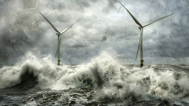 Environmental impact, Wind turbines spinning in stormy landscape symbolizing renewable energy and environmental impact awareness
