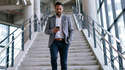 Fototapeta premium Young businessman walking down office building stairs, checking smartphone, staying connected and mobile in his professional life