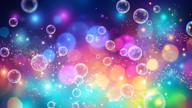 Soap bubbles and glowing bokeh floating over a colourful rainbow gradient, dreamy sparkling abstract motion background