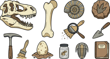 Paleontology and dinosaur fossils vector icons set with skull bone ammonite trilobite footprint egg brush and hammer isolated on white background © MstJoynobAkhtar